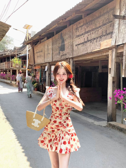 Q Girl's House Rose Island/Vacation White Retro Red Floral Dress Waist Summer Beautiful Small Flying Sleeves Dress