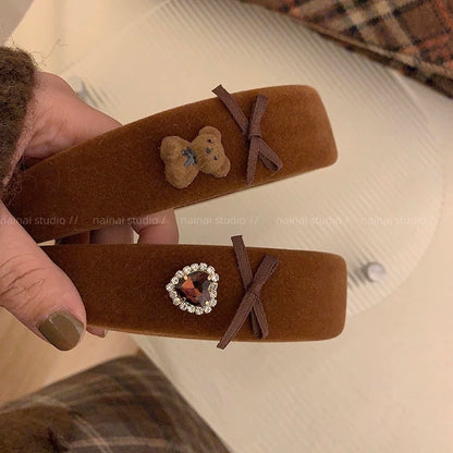Maillard coffee color hairband ~ sparkling diamond heart + bear bow headband velvet retro French high crown hair accessory