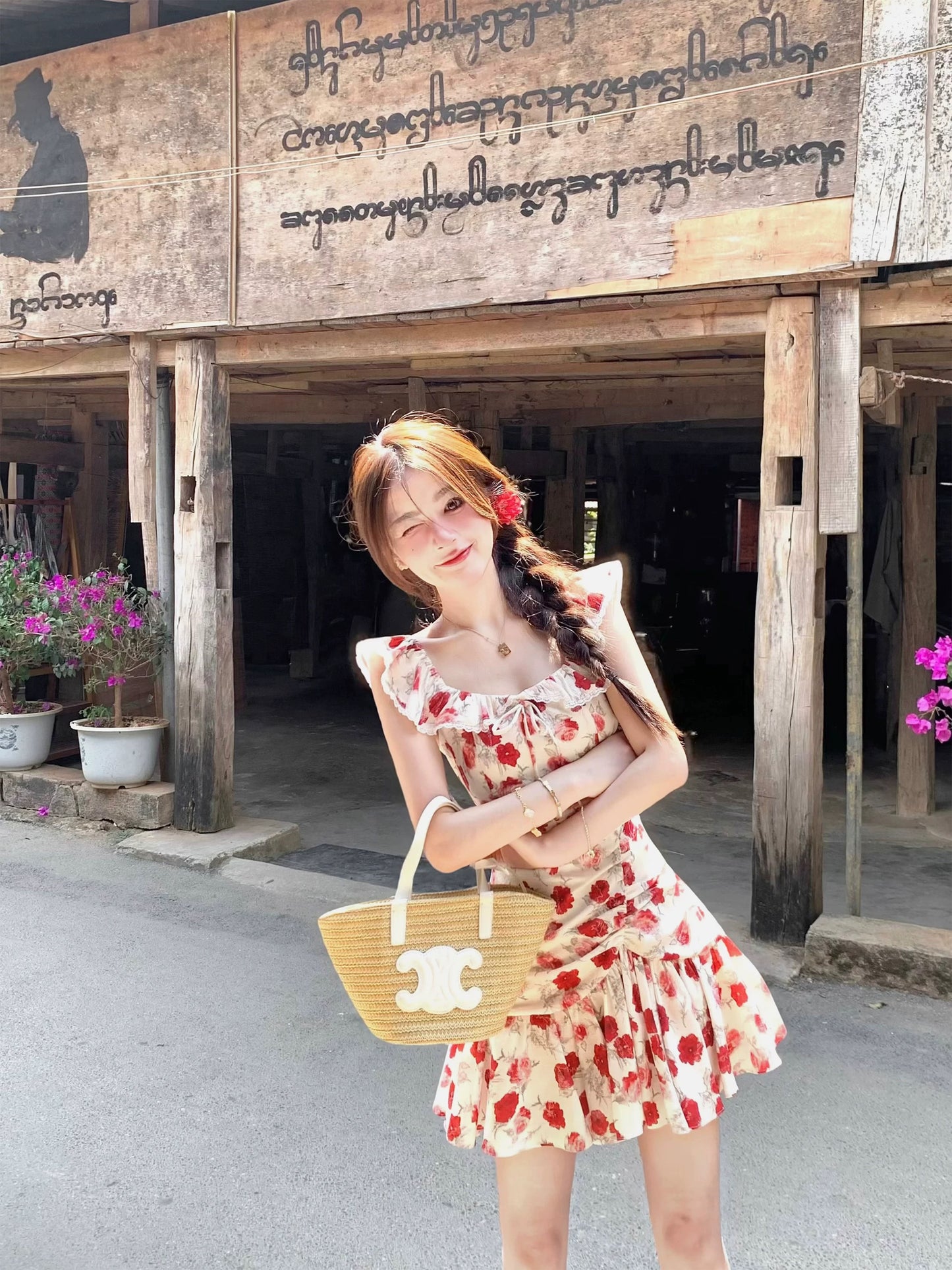 Q Girl's House Rose Island/Vacation White Retro Red Floral Dress Waist Summer Beautiful Small Flying Sleeves Dress