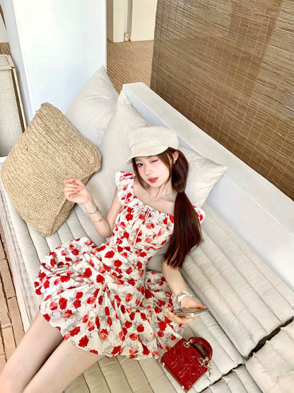 Q Girl's House Rose Island/Vacation White Retro Red Floral Dress Waist Summer Beautiful Small Flying Sleeves Dress