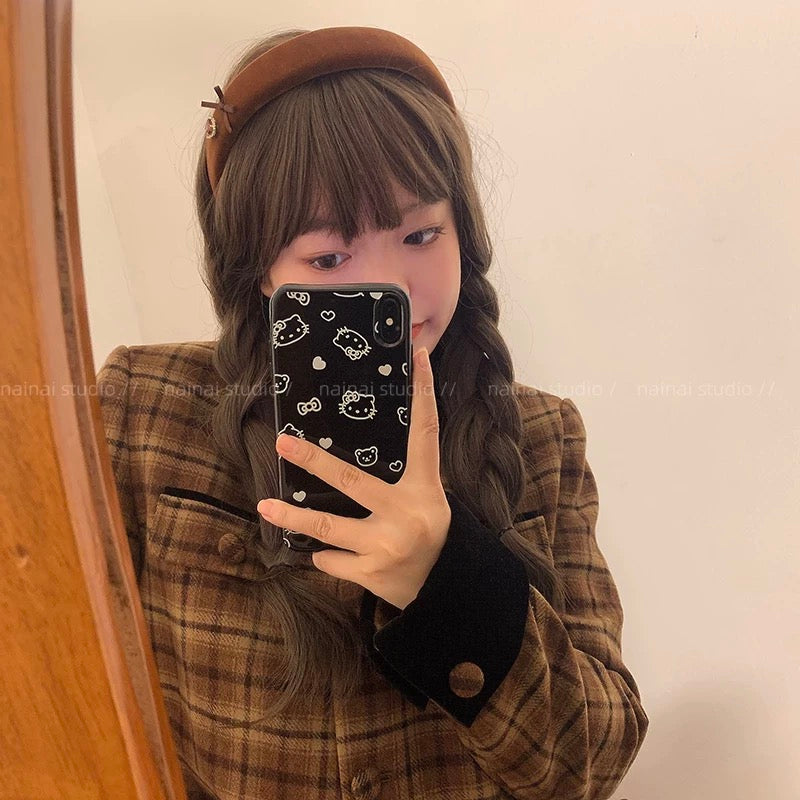 Maillard coffee color hairband ~ sparkling diamond heart + bear bow headband velvet retro French high crown hair accessory