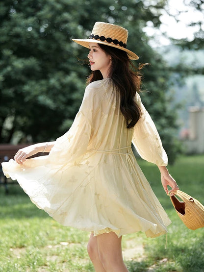 Plums are ripe, like a dream - Embroidered V-neck elegant waist-cinching dress, French babydoll style, new summer style for women.