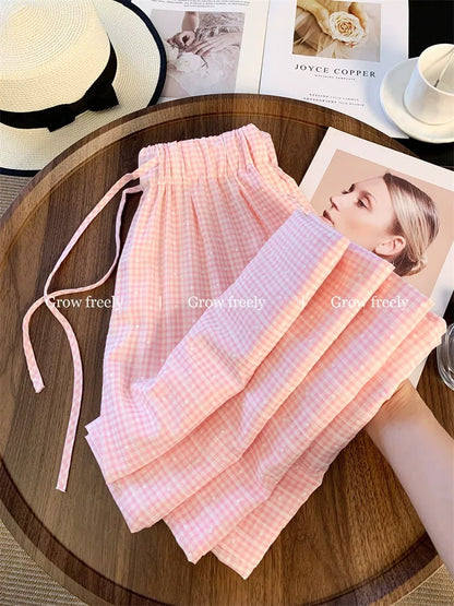Grow freely pink plaid polka dot drawstring casual pants, summer relaxed style, straight leg, high waist, long pants for women.