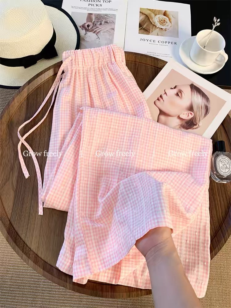 Grow freely pink plaid polka dot drawstring casual pants, summer relaxed style, straight leg, high waist, long pants for women.