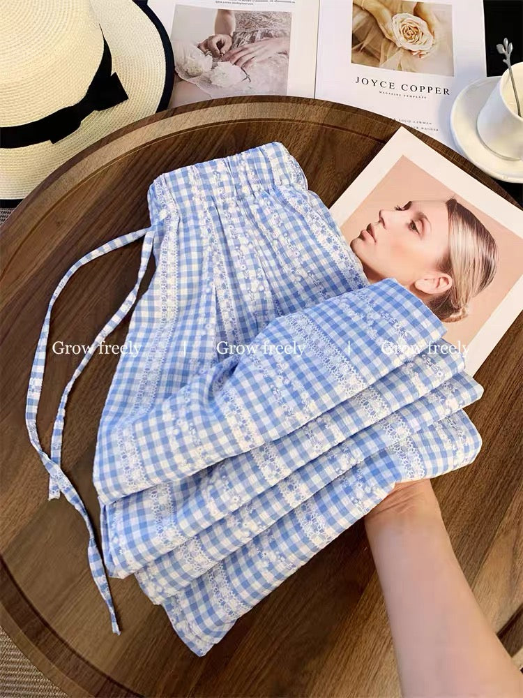 Grow freely Blue plaid patchwork lace casual pants for women, summer relaxed straight leg wide-leg trousers