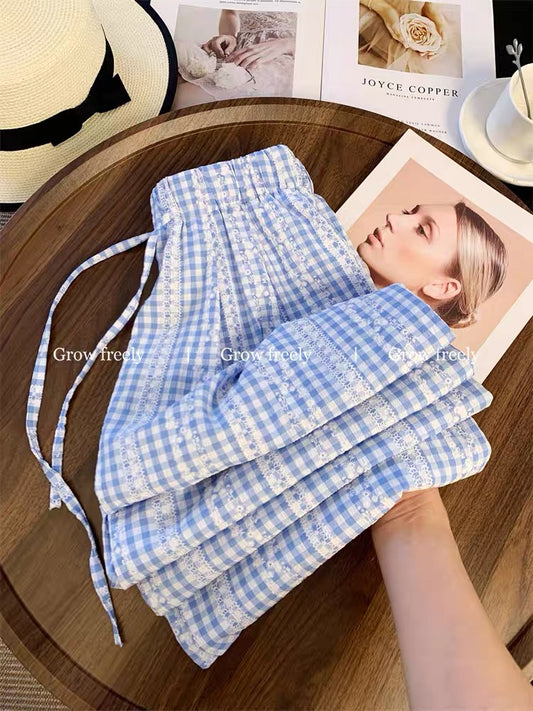 Grow freely Blue plaid patchwork lace casual pants for women, summer relaxed straight leg wide-leg trousers