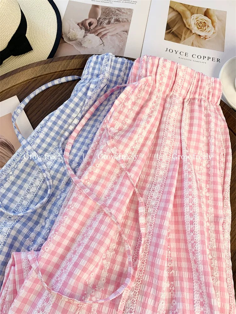 Grow freely Blue plaid patchwork lace casual pants for women, summer relaxed straight leg wide-leg trousers