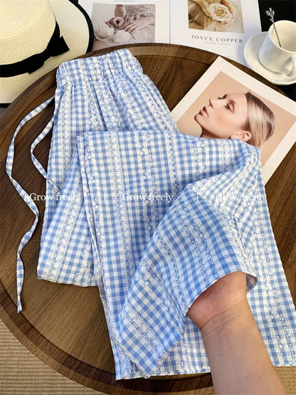 Grow freely Blue plaid patchwork lace casual pants for women, summer relaxed straight leg wide-leg trousers