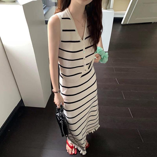 Fashion suit women's striped vest top women's summer French temperament high waist hip skirt half-length skirt two-piece suit