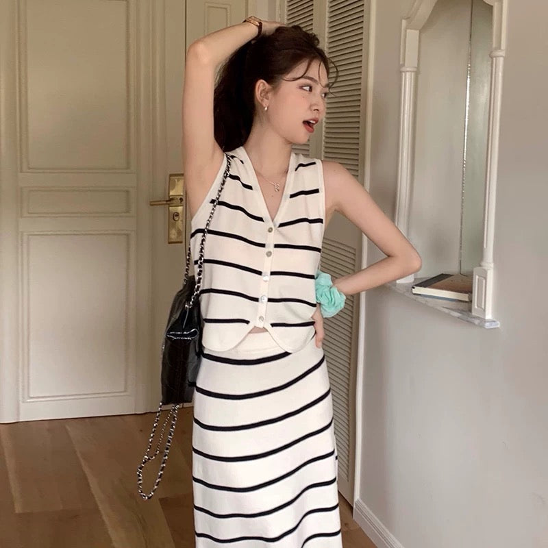 Fashion suit women's striped vest top women's summer French temperament high waist hip skirt half-length skirt two-piece suit