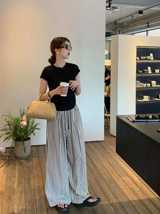Ayi Lazy Stroll Loose Black and White Striped Pants Women's Summer Straight Pants Yamamoto Pants Casual Wide-leg Pants