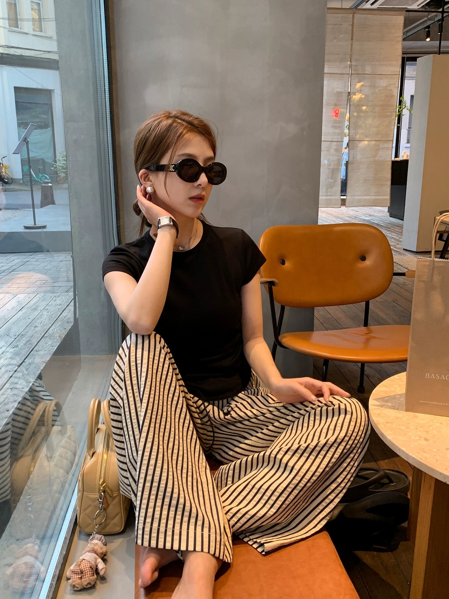 Ayi Lazy Stroll Loose Black and White Striped Pants Women's Summer Straight Pants Yamamoto Pants Casual Wide-leg Pants