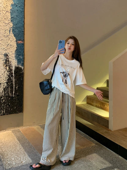 Ayi Lazy Stroll Loose Black and White Striped Pants Women's Summer Straight Pants Yamamoto Pants Casual Wide-leg Pants