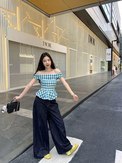 Wang girl's shop plaid one shoulder short-sleeved shirt women's summer Korean style slim waist ruffled design top