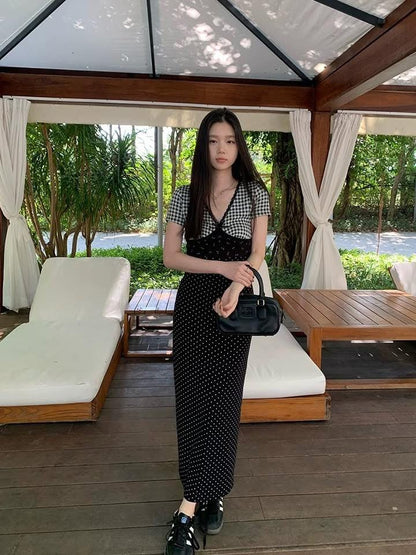 Wang Girl Spliced Lace Dress Summer New Short Sleeve High-end Temperament Knitted Versatile Slim Long Skirt