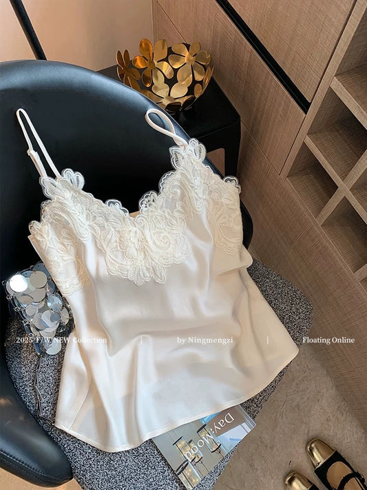 New Chinese style lace splicing v-neck acetate camisole for women summer new style temperament pure desire inner satin top