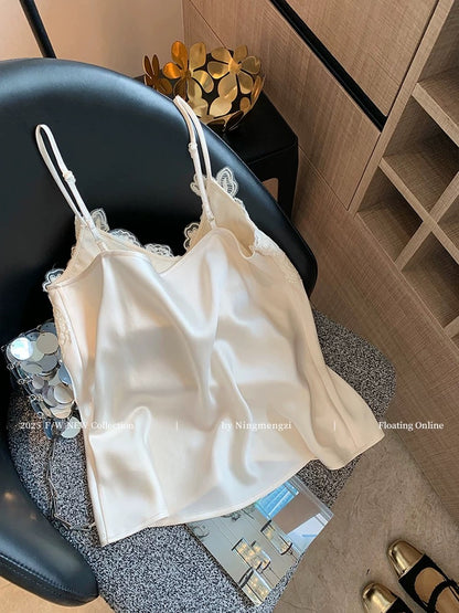 New Chinese style lace splicing v-neck acetate camisole for women summer new style temperament pure desire inner satin top