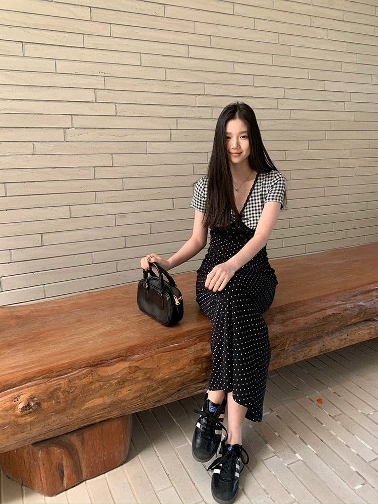 Wang Girl Spliced Lace Dress Summer New Short Sleeve High-end Temperament Knitted Versatile Slim Long Skirt