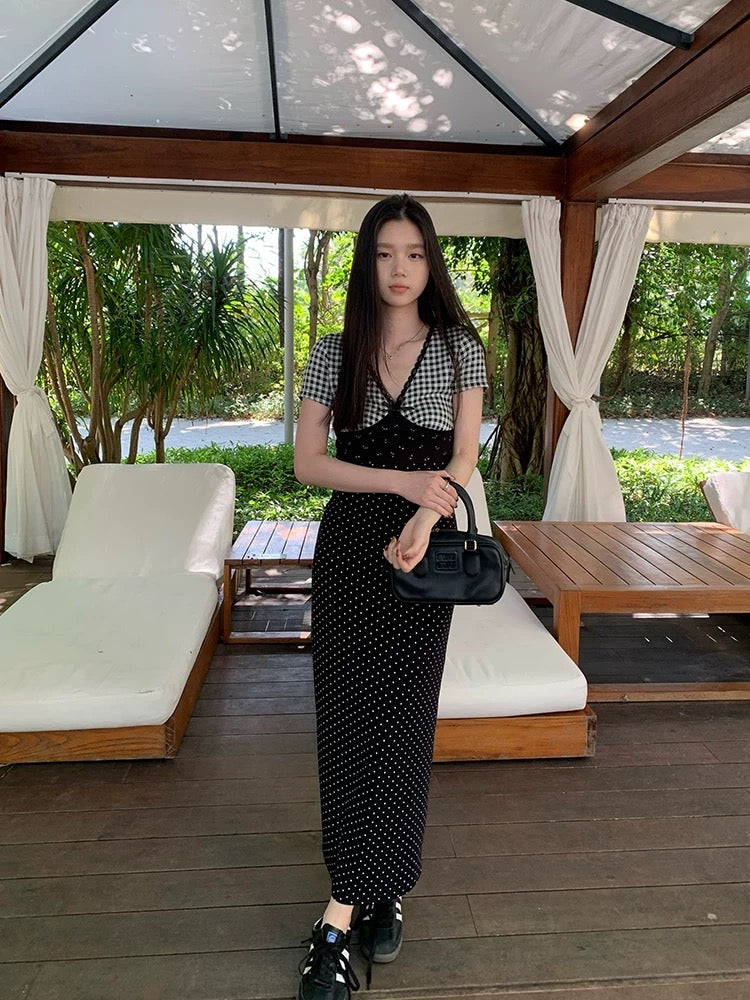 Wang Girl Spliced Lace Dress Summer New Short Sleeve High-end Temperament Knitted Versatile Slim Long Skirt