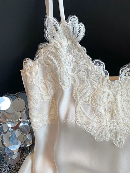 New Chinese style lace splicing v-neck acetate camisole for women summer new style temperament pure desire inner satin top