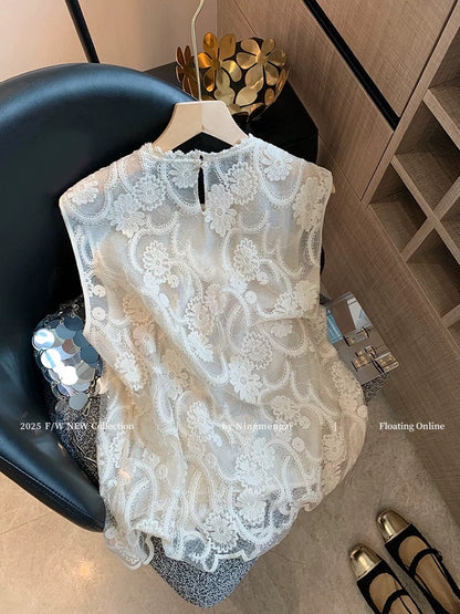 Heavy lace splicing sequin sleeveless tops for women 2025 summer new French style gentle temperament age-reducing vest Korean