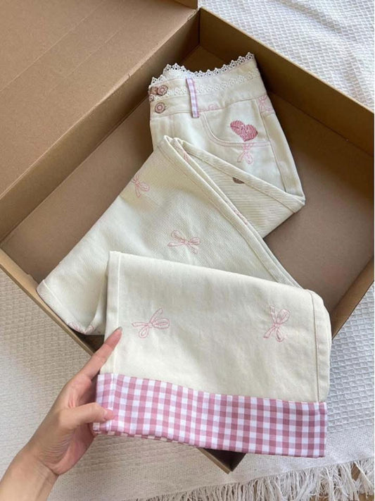 Plus size fat mm all-match autumn and winter cute bow bear embroidery soft and sticky girlish style jeans