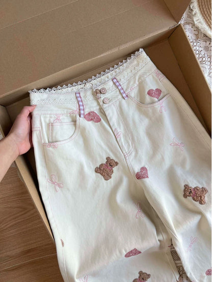 Plus size fat mm all-match autumn and winter cute bow bear embroidery soft and sticky girlish style jeans