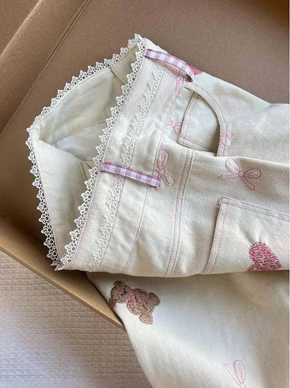 Plus size fat mm all-match autumn and winter cute bow bear embroidery soft and sticky girlish style jeans