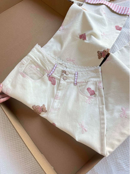Plus size fat mm all-match autumn and winter cute bow bear embroidery soft and sticky girlish style jeans