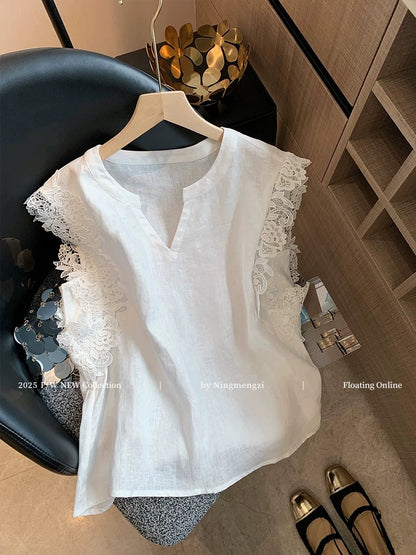 French lace v-neck linen vest for women 2025 summer new style fashionable slim sleeveless top