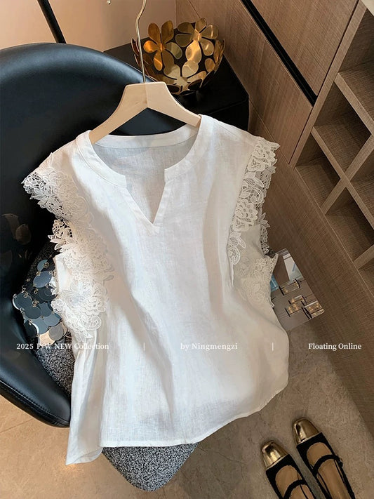 French lace v-neck linen vest for women 2025 summer new style fashionable slim sleeveless top