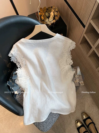 French lace v-neck linen vest for women 2025 summer new style fashionable slim sleeveless top