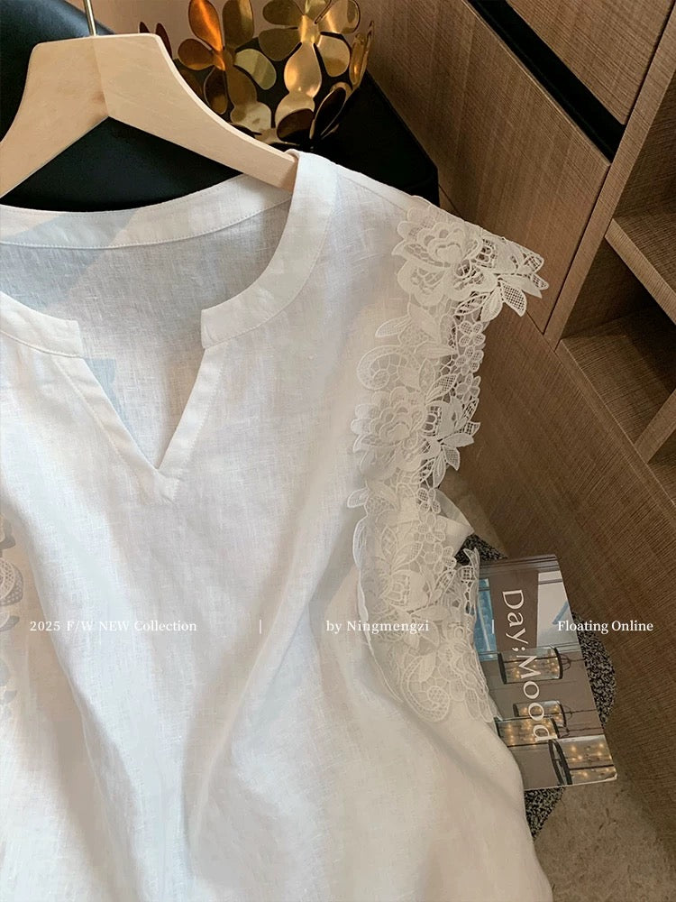 French lace v-neck linen vest for women 2025 summer new style fashionable slim sleeveless top