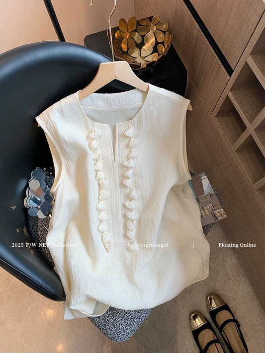 Old money style tassel v-neck linen sleeveless vest for women 2025 summer new style outer wear loose casual fashionable tops