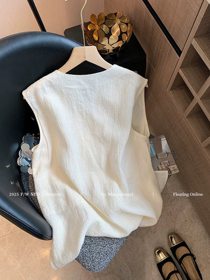 Old money style tassel v-neck linen sleeveless vest for women 2025 summer new style outer wear loose casual fashionable tops