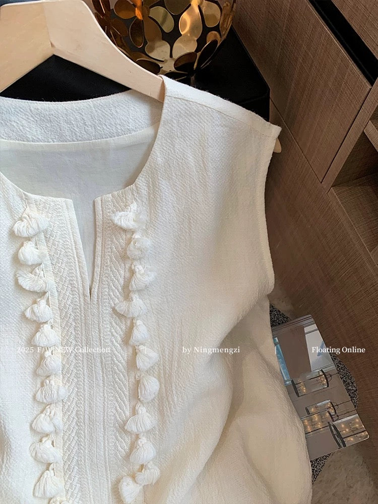 Old money style tassel v-neck linen sleeveless vest for women 2025 summer new style outer wear loose casual fashionable tops