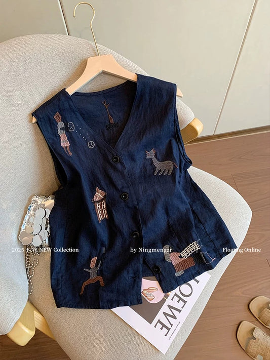 Old money style navy blue cartoon embroidered linen vest for women 2025 summer new style temperament versatile sleeveless tops