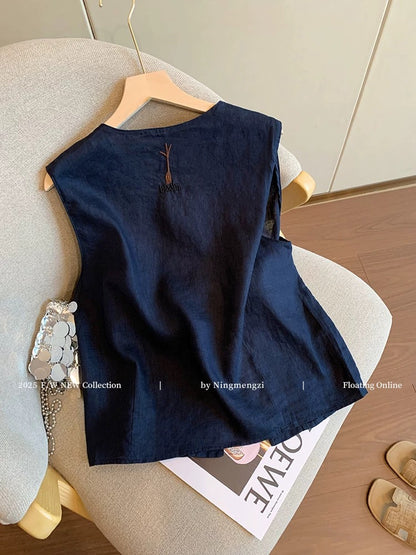 Old money style navy blue cartoon embroidered linen vest for women 2025 summer new style temperament versatile sleeveless tops