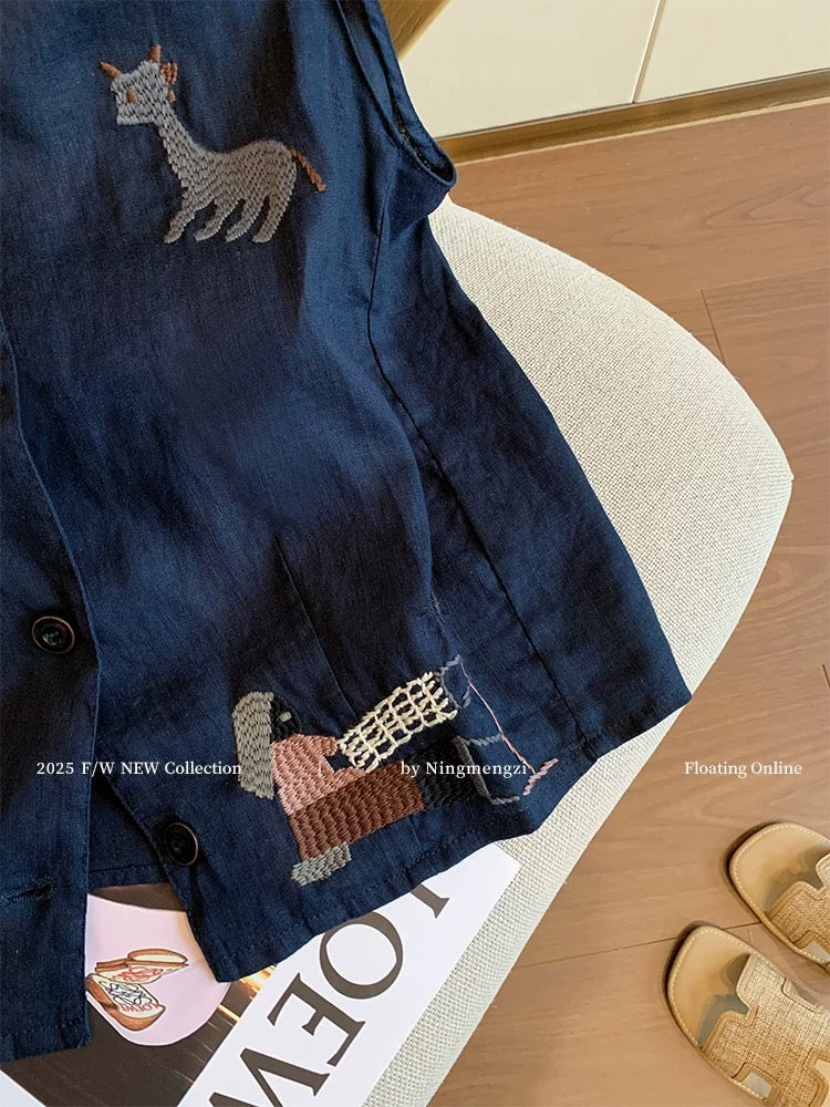 Old money style navy blue cartoon embroidered linen vest for women 2025 summer new style temperament versatile sleeveless tops