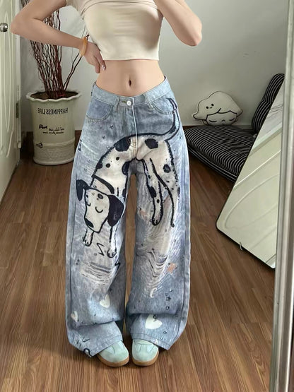 Hand-painted Dalmatian jeans for women, spring and autumn, trendy high-waisted straight-leg wide-leg pants with rhinestone print.