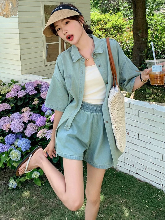 Korean version of salt short-sleeved denim shirt top suit for women 2024 summer new loose and slim shorts two-piece set
