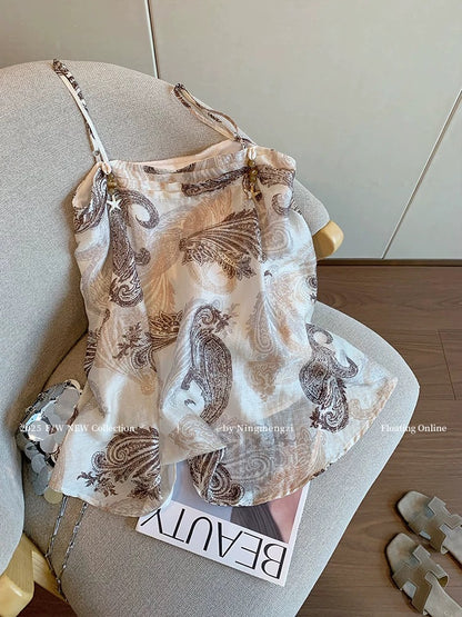 Holiday style retro printed beaded camisole vest for women 2025 summer new style outer wear temperament slimming age-reducing top