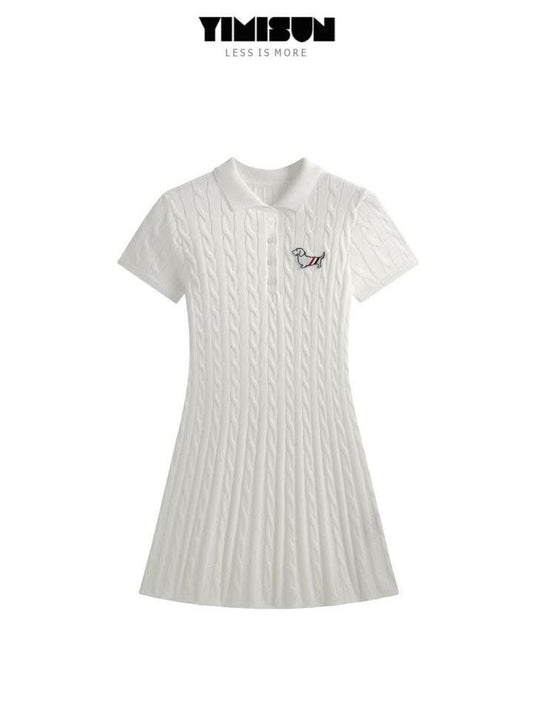 YIMISUN preppy style puppy decoration polo collar cable knit dress slim fit short sleeve dress