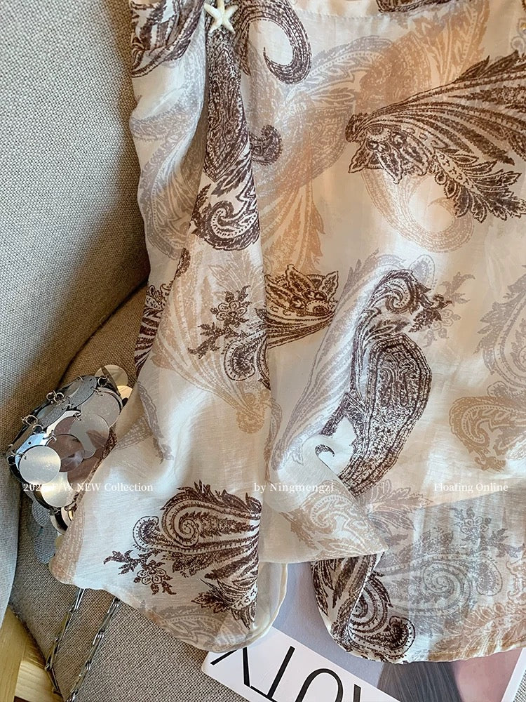 Holiday style retro printed beaded camisole vest for women 2025 summer new style outer wear temperament slimming age-reducing top