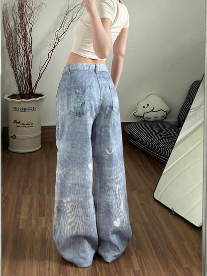 Hand-painted Dalmatian jeans for women, spring and autumn, trendy high-waisted straight-leg wide-leg pants with rhinestone print.