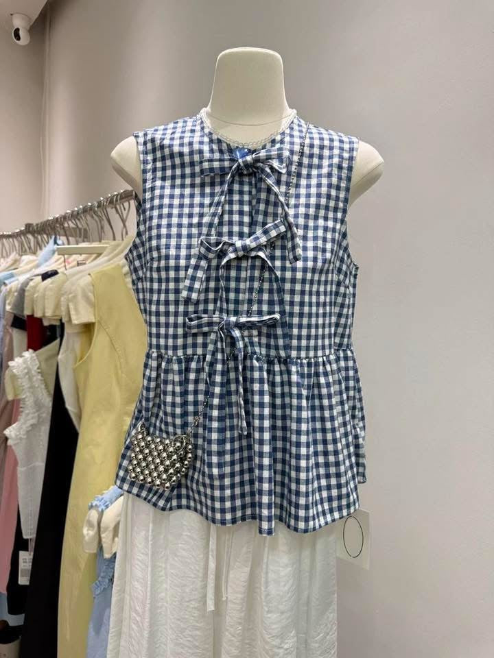 2025 summer new Korean version loose lace sweet temperament bow tie age-reducing casual all-match plaid vest for women