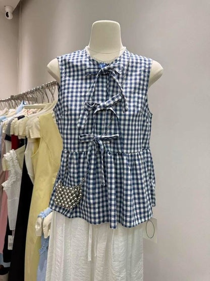 2025 summer new Korean version loose lace sweet temperament bow tie age-reducing casual all-match plaid vest for women