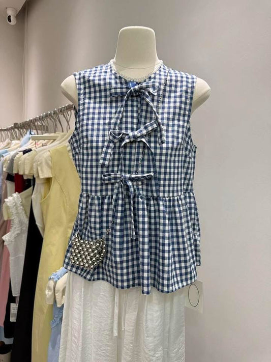 2025 summer new Korean version loose lace sweet temperament bow tie age-reducing casual all-match plaid vest for women