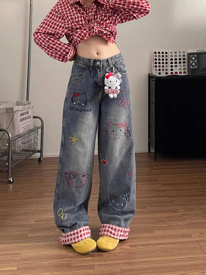 Fun Kitty embroidered jeans for women, retro plaid, rolled hem, straight leg, street style, washed, niche, unique long pants