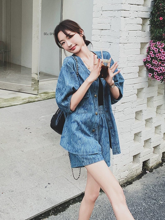 Hong Kong style retro v-neck lantern sleeve top suit for women 2024 summer new slim denim shorts two-piece set